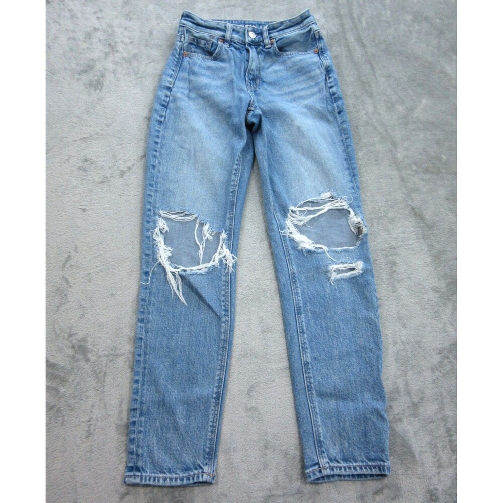 American Eagle Womens Sz 000 Short Mom Jeans Destroyed Light Wash Blue
